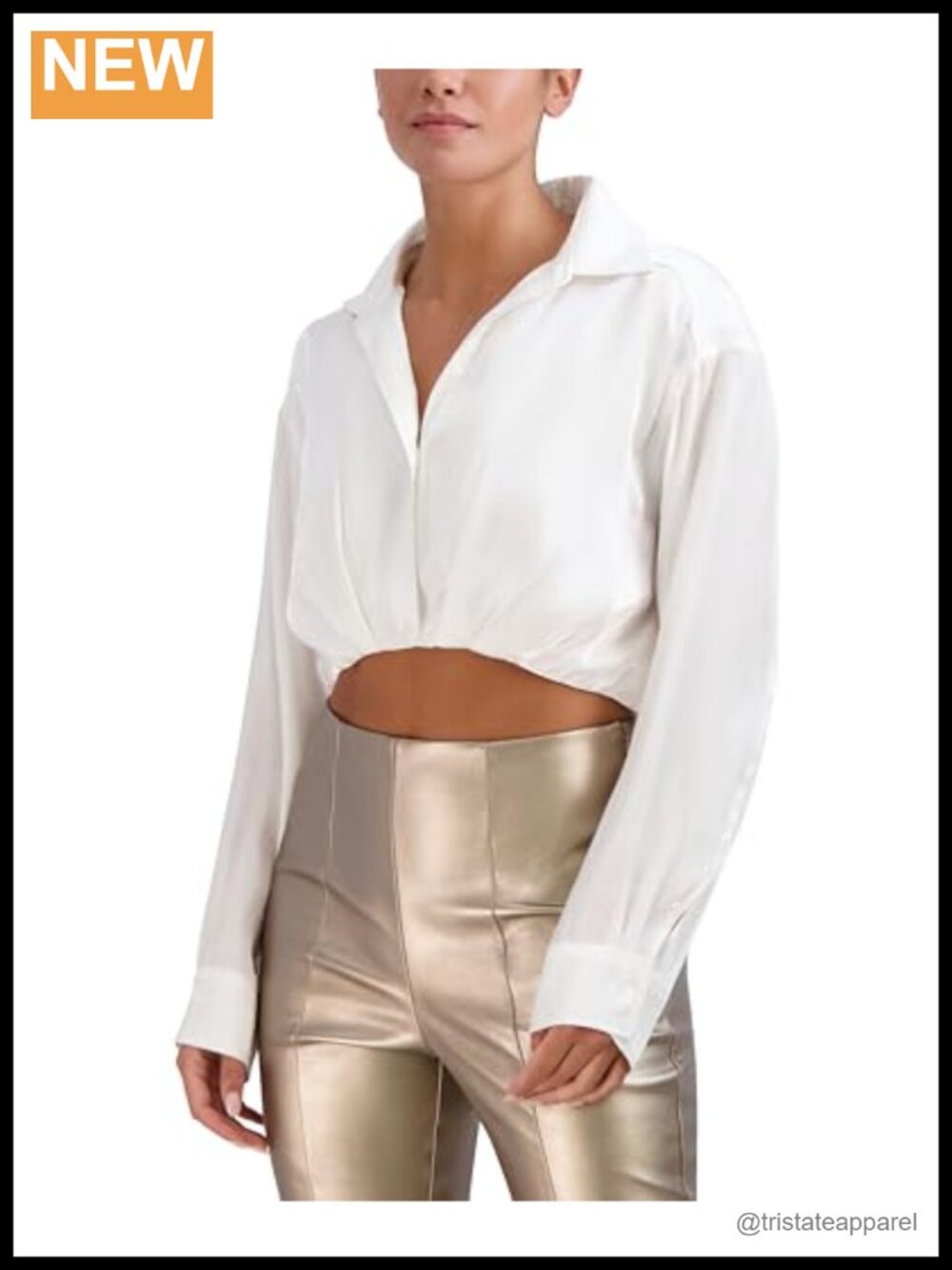 Long Sleeve Collar Neck Cropped Button Up Blouse, Rayon Blend, Loose Fit